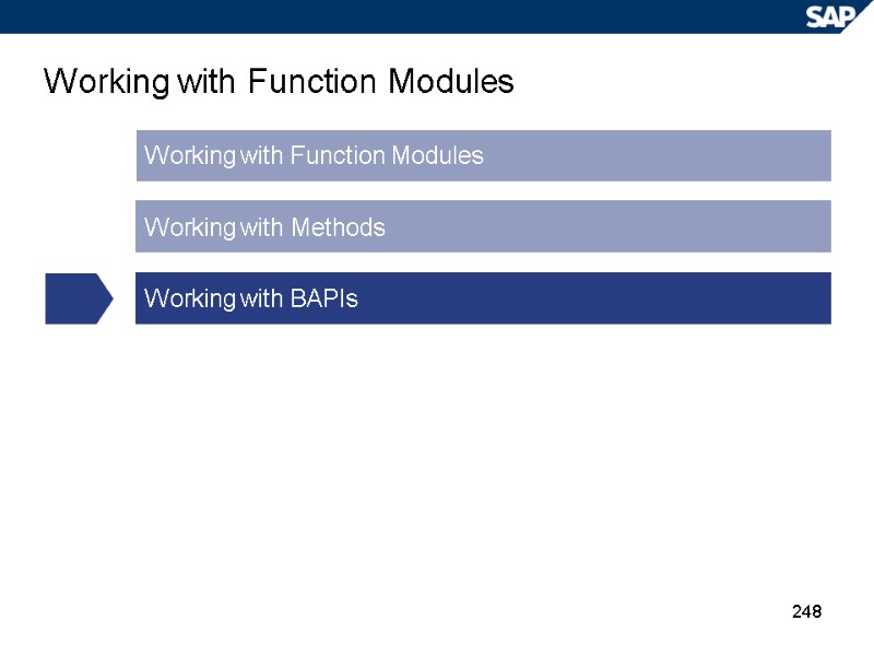 248 Working with Function Modules Working with Function Modules Working with Methods Working with